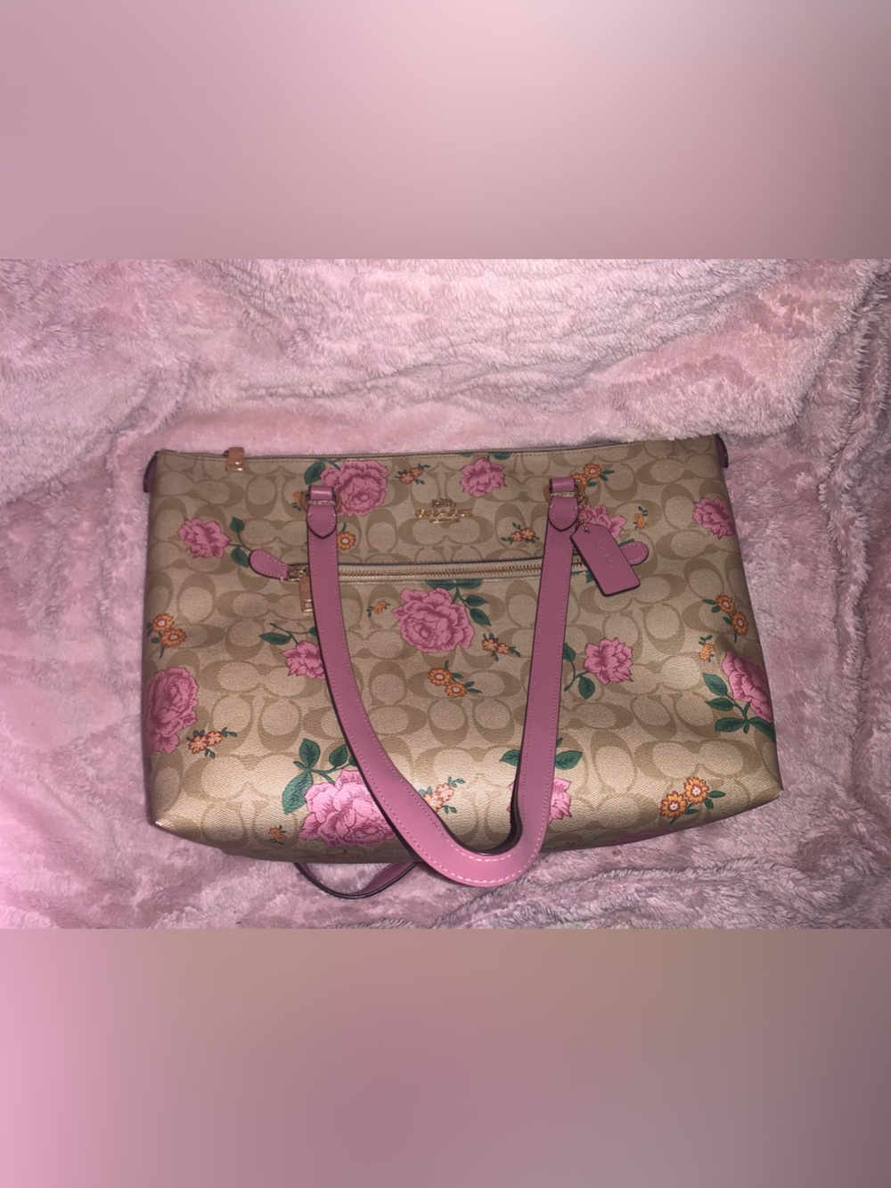 Coach Beige Signature Tote with Pink Floral Accents